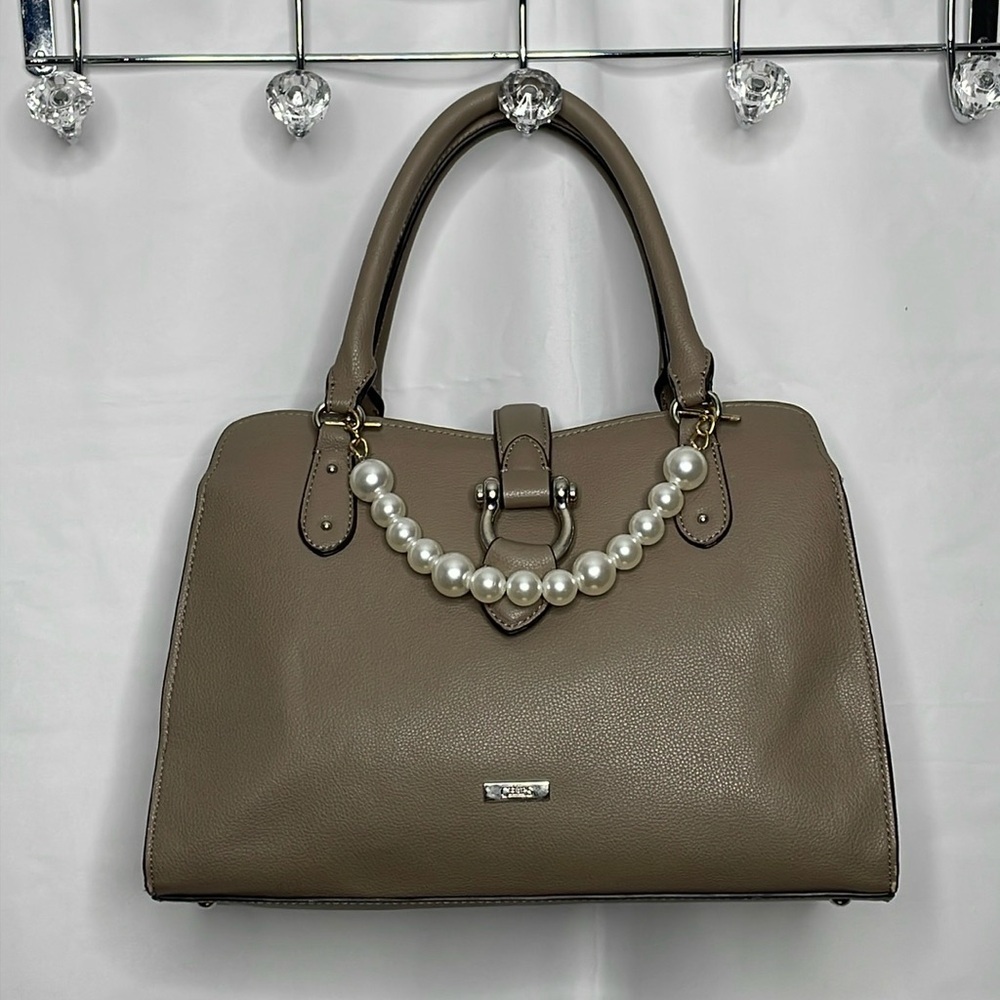 Chaps Tan Taupe Satchel Handbag | FREE Pearl Charm